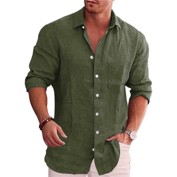 Men's Casual Button Down Shirt Long Sleeve Linen Chambray Shirt